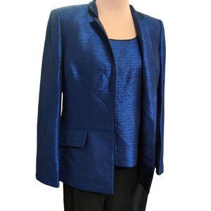 Kasper Womens 3 piece suit set blazer tank pants black shiny blue career sz 10